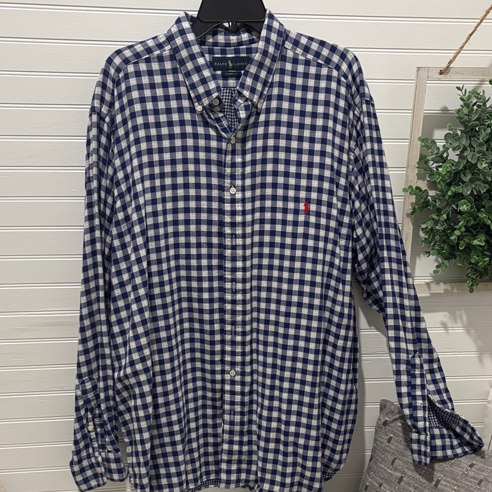 Ralph Lauren Men's Navy and White Plaid Shirt